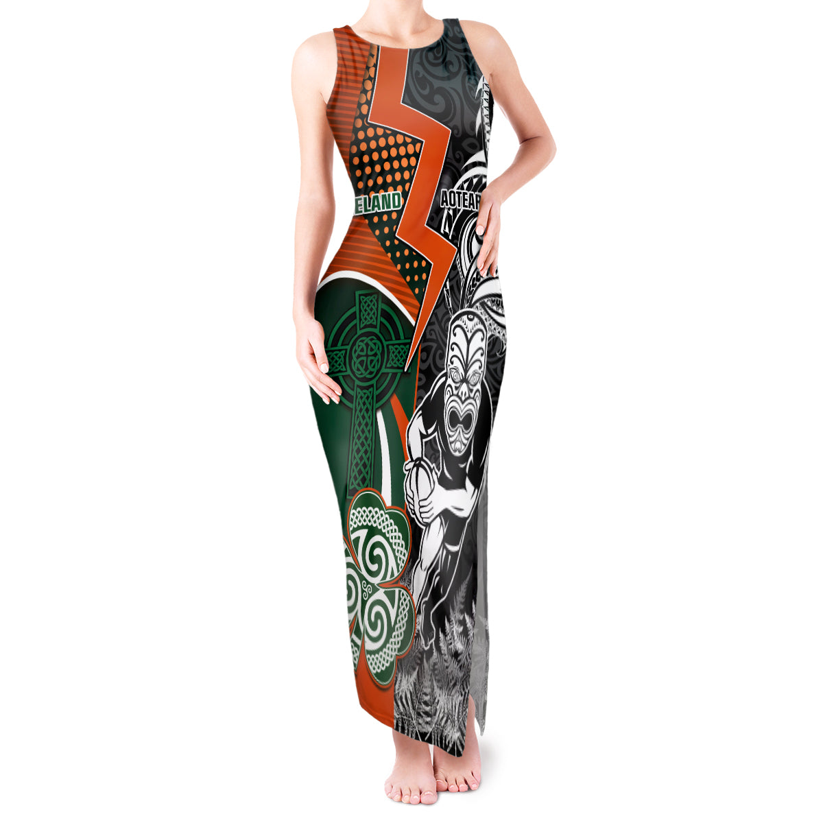 New Zealand and Ireland Rugby Tank Maxi Dress Silver Fern With Shamrock 2023 World Cup - Wonder Print Shop