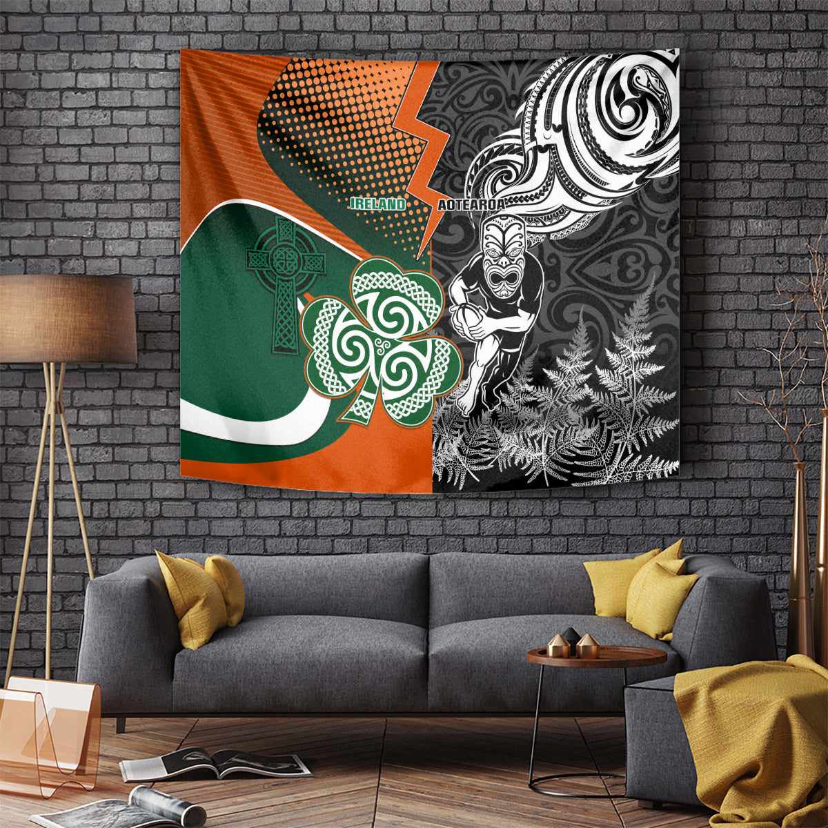 New Zealand and Ireland Rugby Tapestry Silver Fern With Shamrock 2023 World Cup - Wonder Print Shop