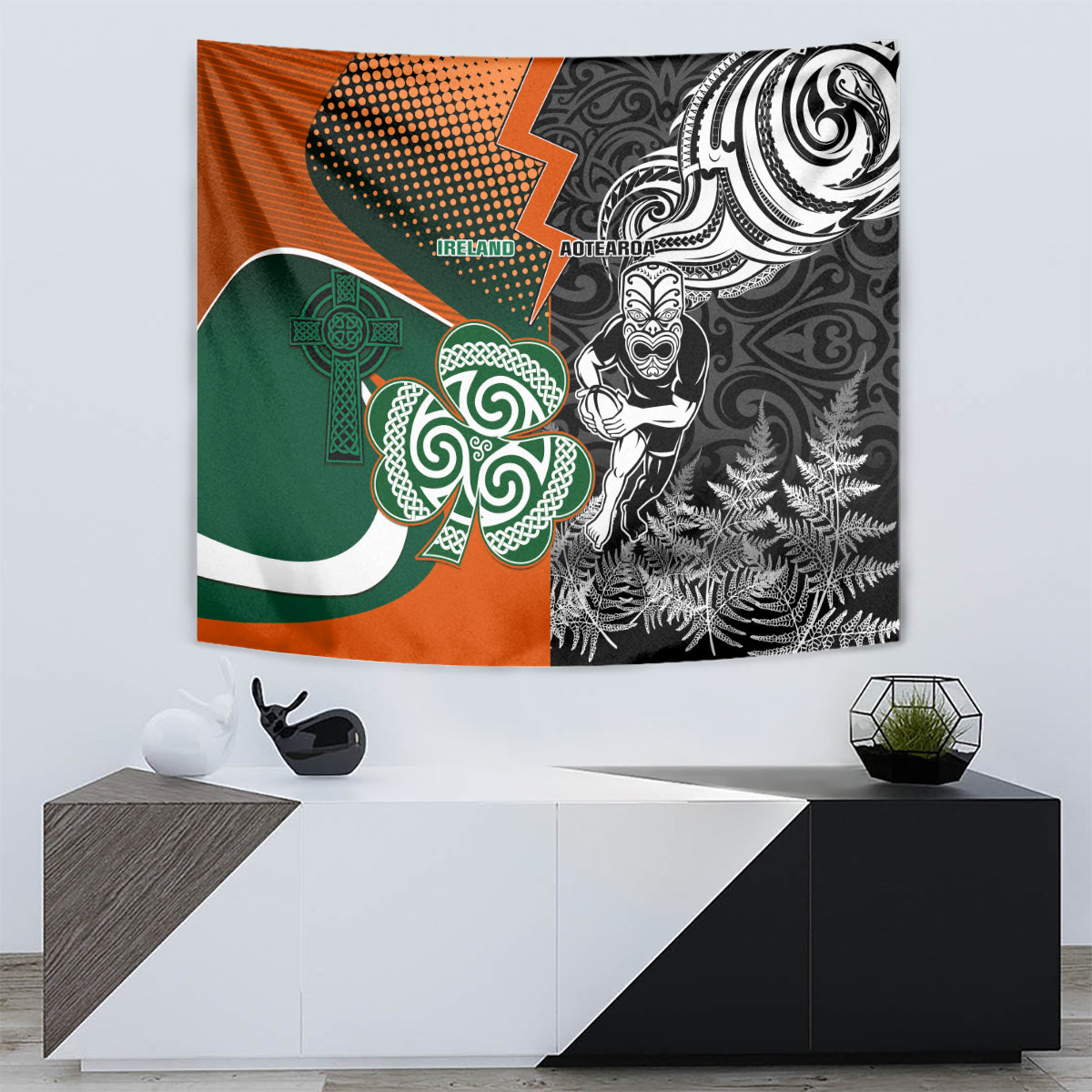 New Zealand and Ireland Rugby Tapestry Silver Fern With Shamrock 2023 World Cup - Wonder Print Shop