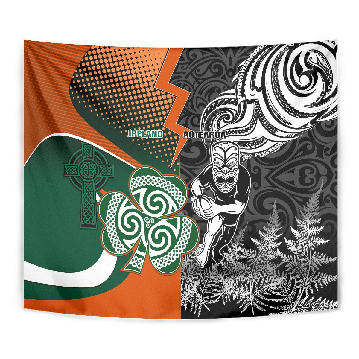 New Zealand and Ireland Rugby Tapestry Silver Fern With Shamrock 2023 World Cup - Wonder Print Shop
