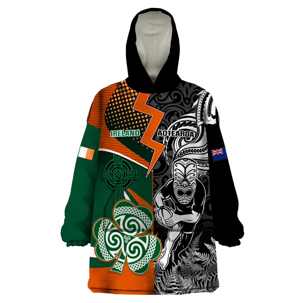 New Zealand and Ireland Rugby Wearable Blanket Hoodie Silver Fern With Shamrock 2023 World Cup - Wonder Print Shop