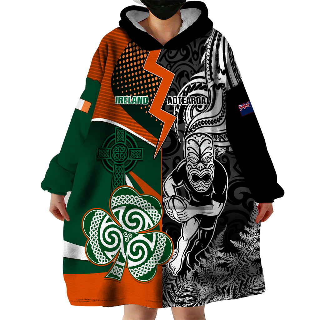New Zealand and Ireland Rugby Wearable Blanket Hoodie Silver Fern With Shamrock 2023 World Cup - Wonder Print Shop