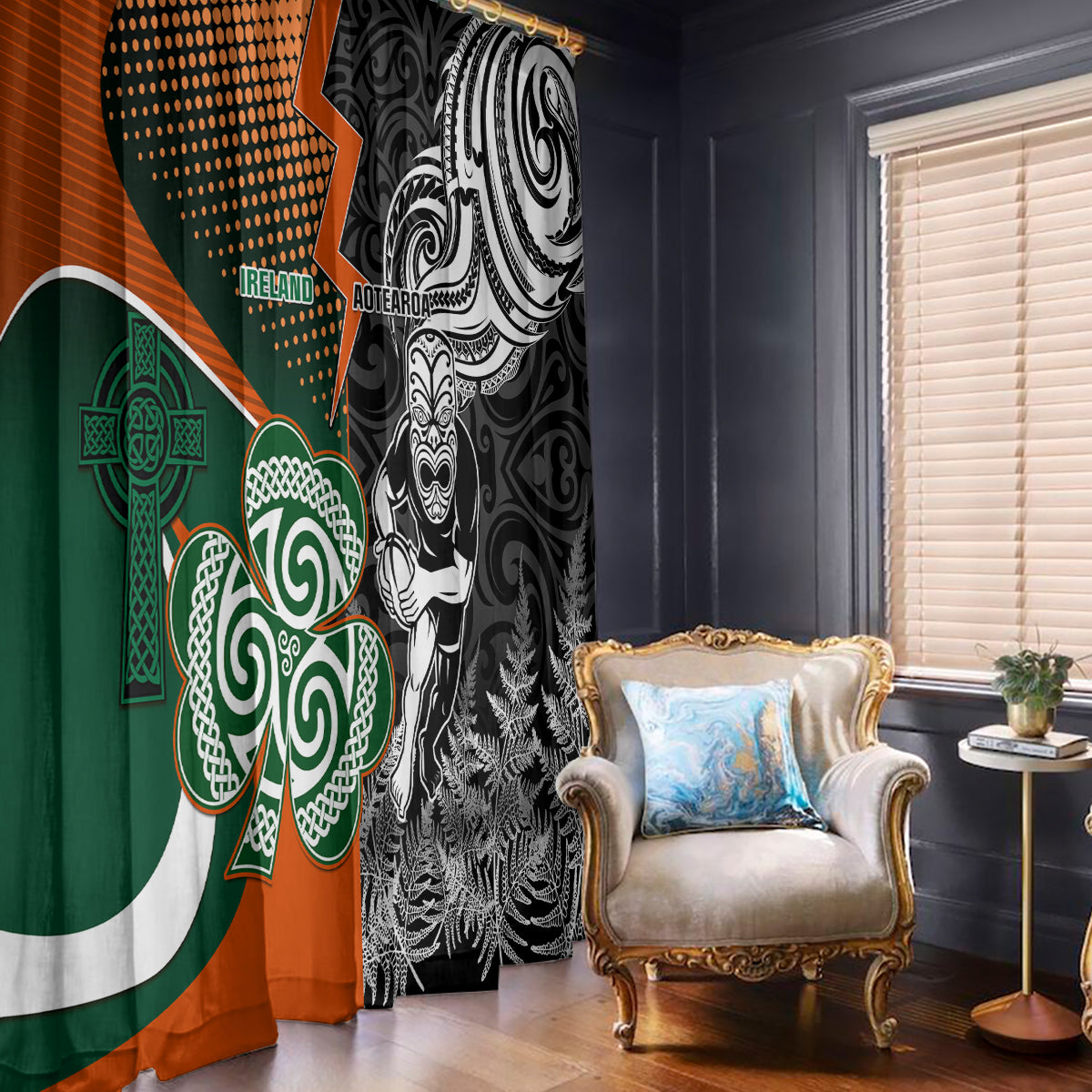 New Zealand and Ireland Rugby Window Curtain Silver Fern With Shamrock 2023 World Cup - Wonder Print Shop