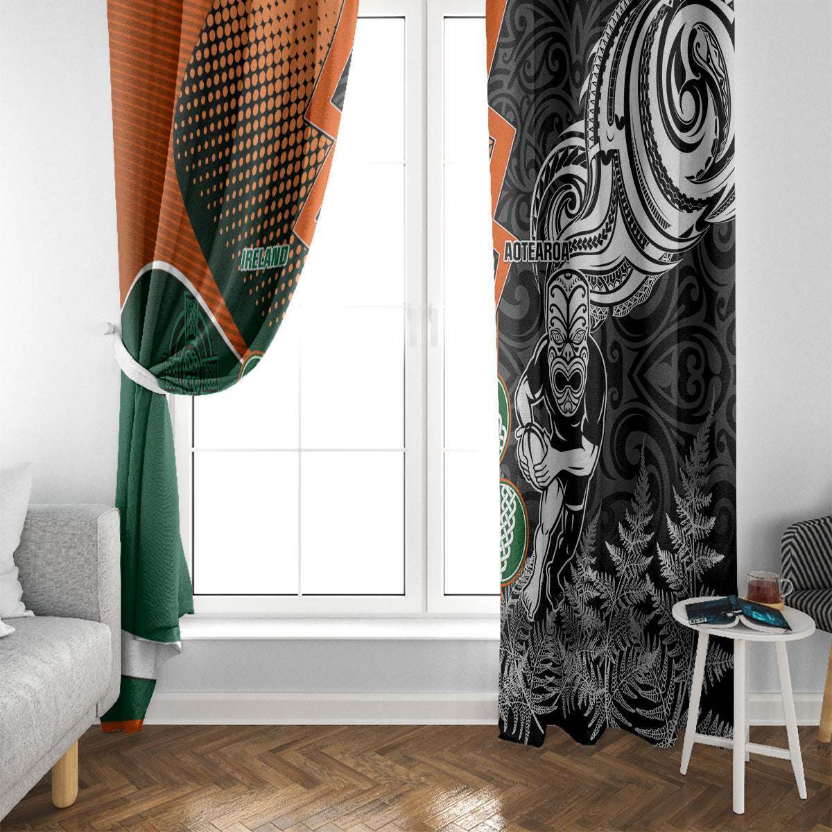New Zealand and Ireland Rugby Window Curtain Silver Fern With Shamrock 2023 World Cup - Wonder Print Shop