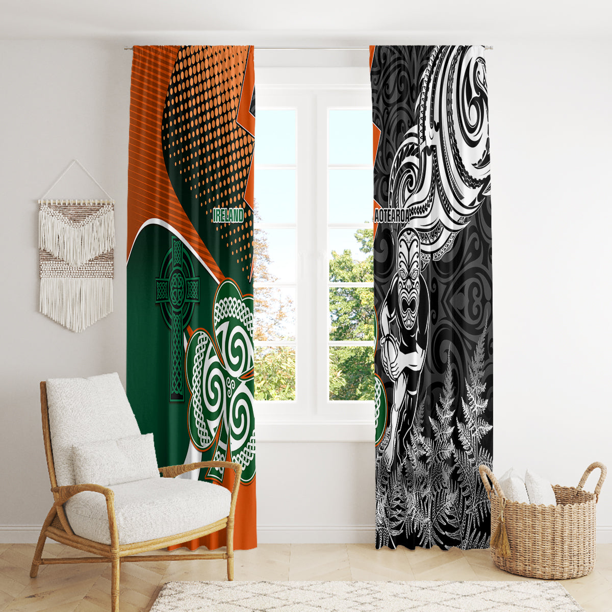 New Zealand and Ireland Rugby Window Curtain Silver Fern With Shamrock 2023 World Cup - Wonder Print Shop