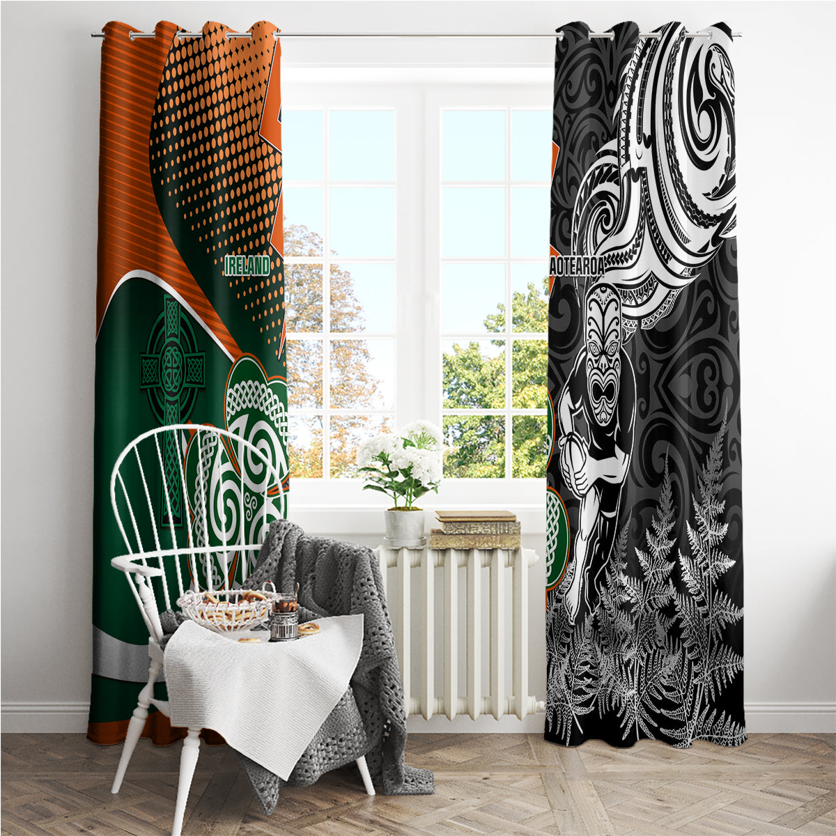 New Zealand and Ireland Rugby Window Curtain Silver Fern With Shamrock 2023 World Cup - Wonder Print Shop