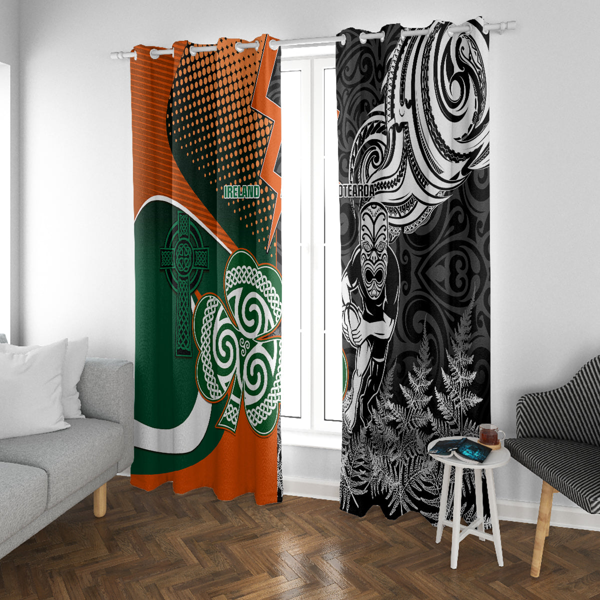 New Zealand and Ireland Rugby Window Curtain Silver Fern With Shamrock 2023 World Cup - Wonder Print Shop