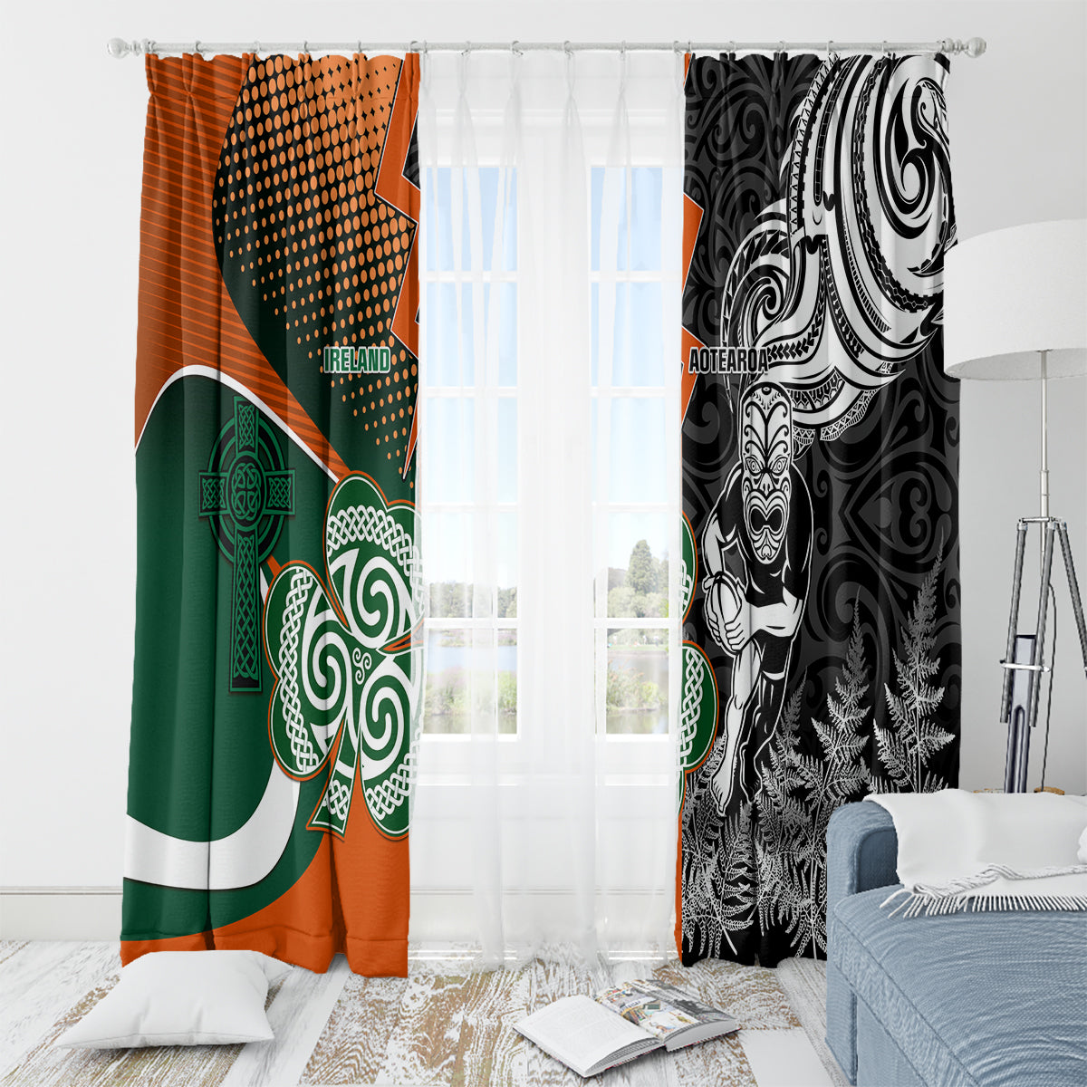 New Zealand and Ireland Rugby Window Curtain Silver Fern With Shamrock 2023 World Cup - Wonder Print Shop