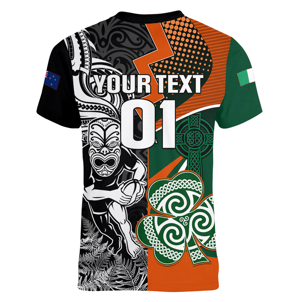 New Zealand and Ireland Rugby Women V Neck T Shirt Silver Fern With Shamrock 2023 World Cup - Wonder Print Shop