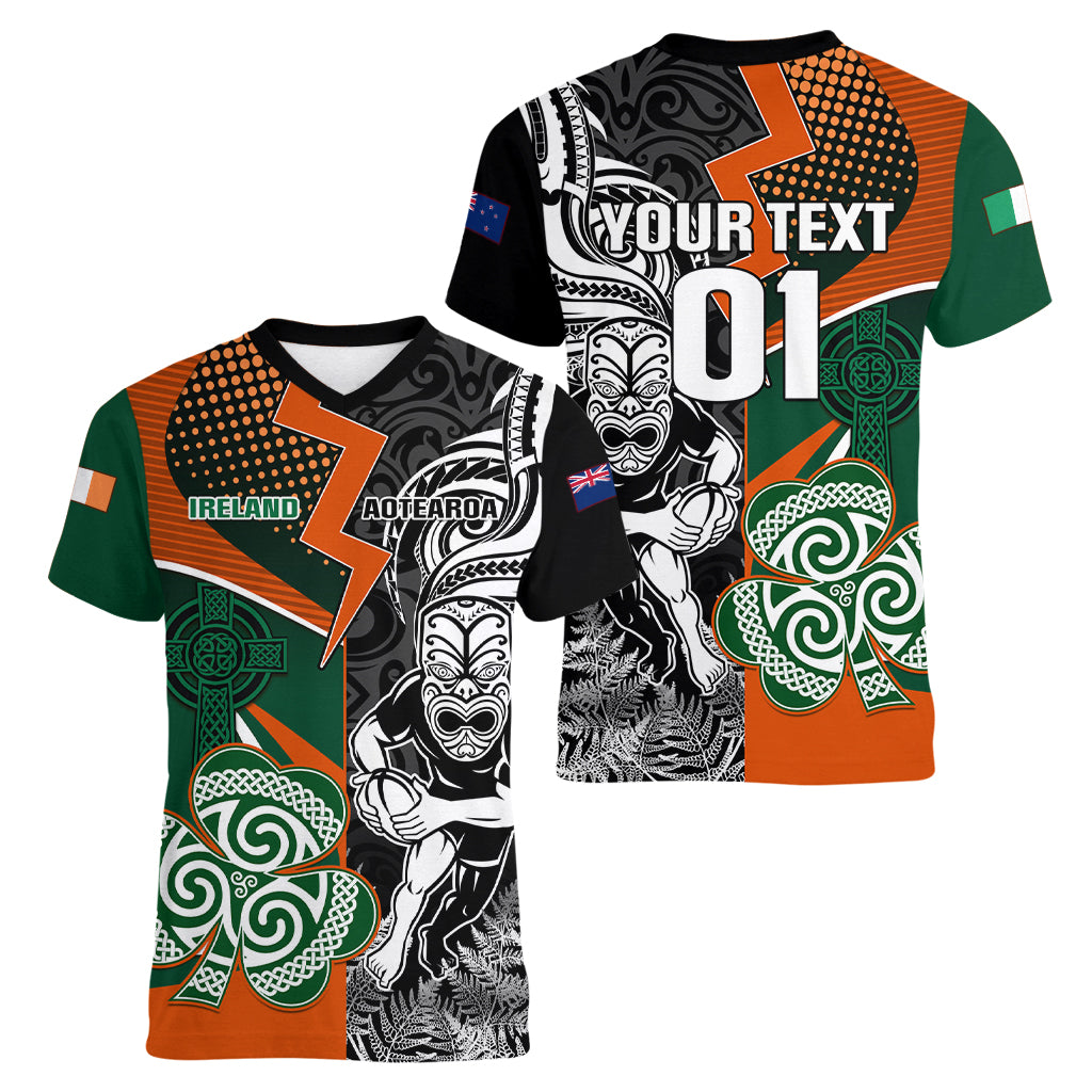 New Zealand and Ireland Rugby Women V Neck T Shirt Silver Fern With Shamrock 2023 World Cup - Wonder Print Shop