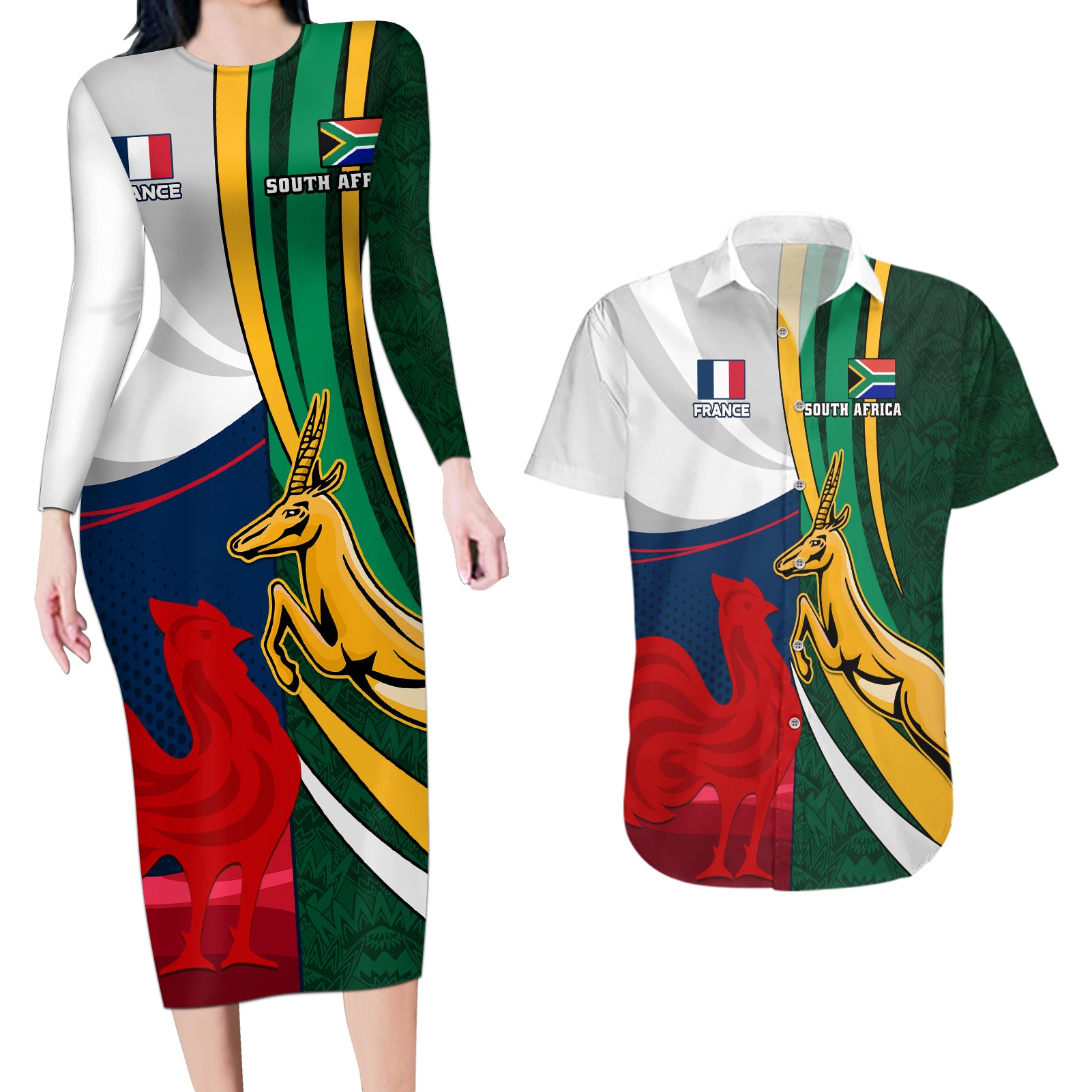 south-africa-and-france-rugby-couples-matching-long-sleeve-bodycon-dress-and-hawaiian-shirt-springbok-with-le-xv-de-france-2023-world-cup