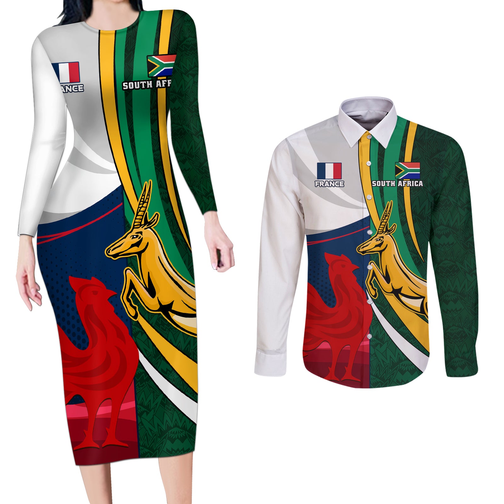 south-africa-and-france-rugby-couples-matching-long-sleeve-bodycon-dress-and-long-sleeve-button-shirts-springbok-with-le-xv-de-france-2023-world-cup