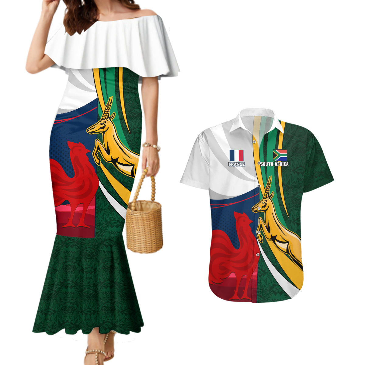 south-africa-and-france-rugby-couples-matching-mermaid-dress-and-hawaiian-shirt-springbok-with-le-xv-de-france-2023-world-cup