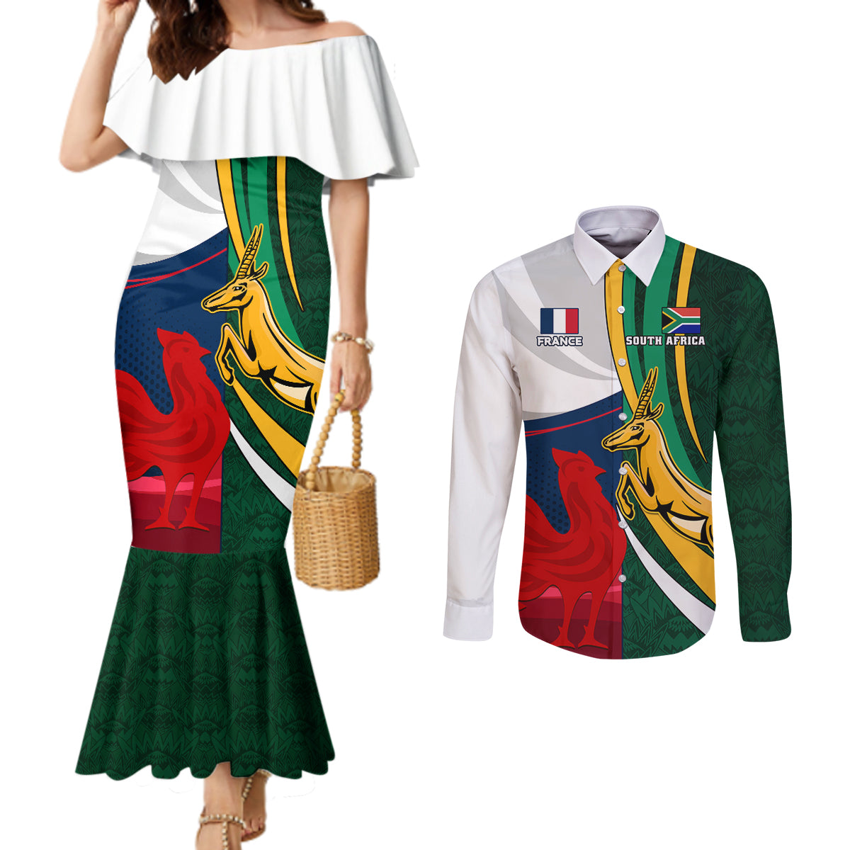 south-africa-and-france-rugby-couples-matching-mermaid-dress-and-long-sleeve-button-shirts-springbok-with-le-xv-de-france-2023-world-cup