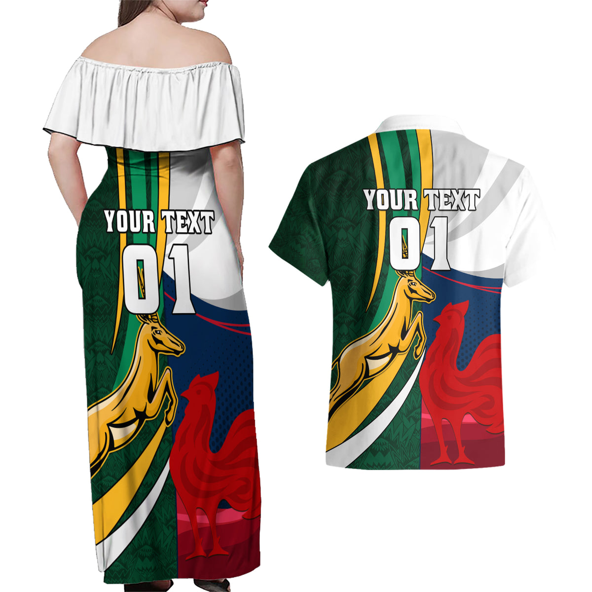 South Africa and France Rugby Couples Matching Off Shoulder Maxi Dress and Hawaiian Shirt Springbok With Le XV de France 2023 World Cup - Wonder Print Shop