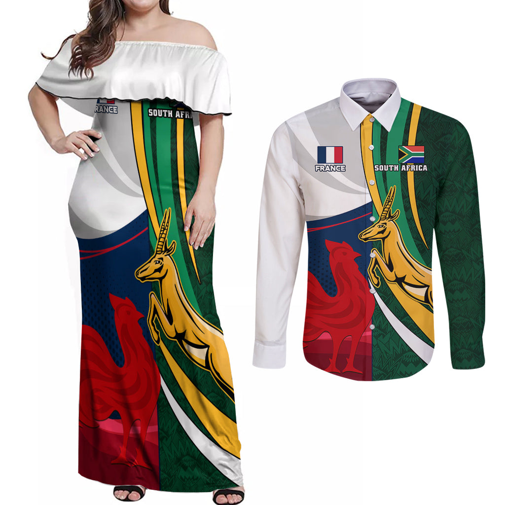 south-africa-and-france-rugby-couples-matching-off-shoulder-maxi-dress-and-long-sleeve-button-shirts-springbok-with-le-xv-de-france-2023-world-cup