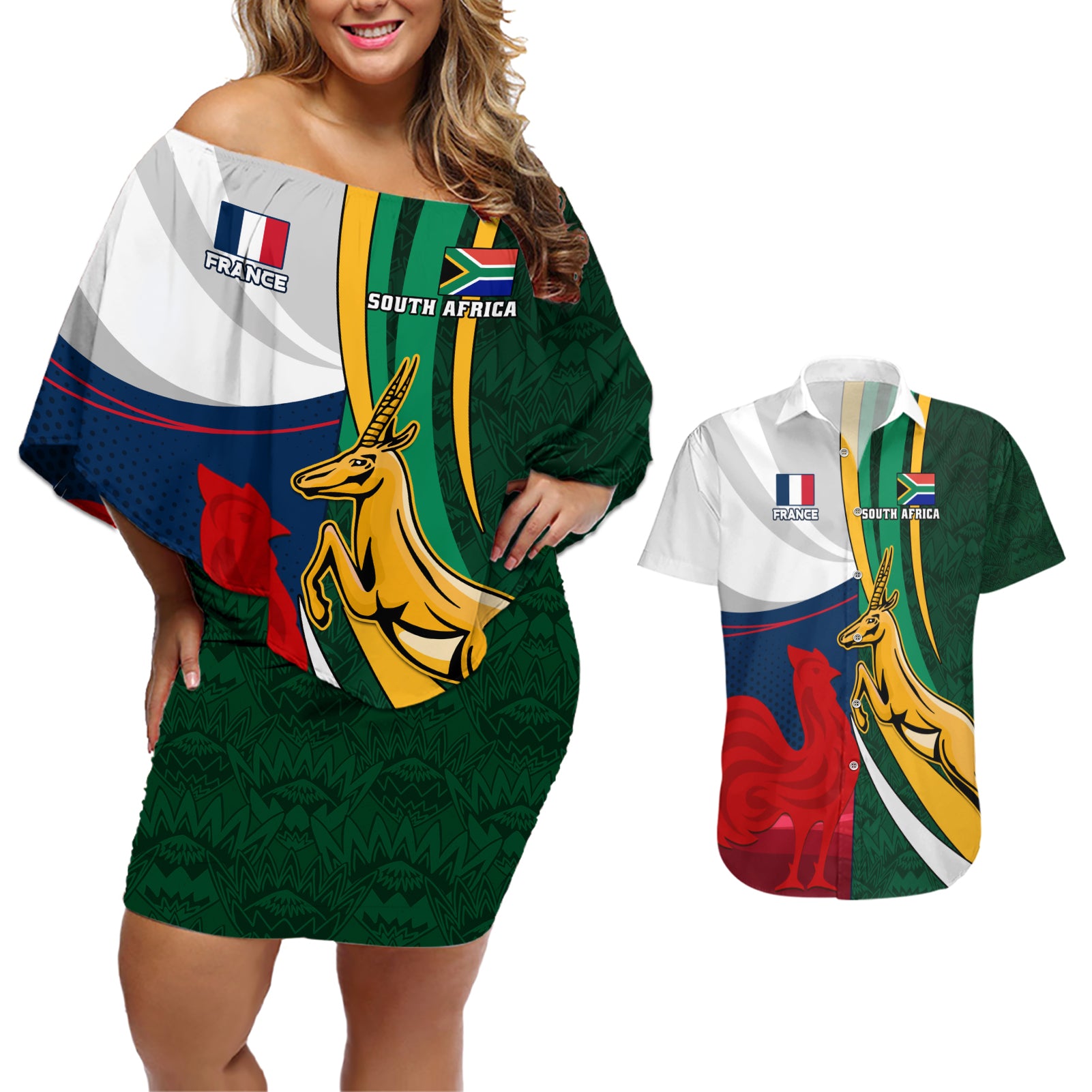south-africa-and-france-rugby-couples-matching-off-shoulder-short-dress-and-hawaiian-shirt-springbok-with-le-xv-de-france-2023-world-cup