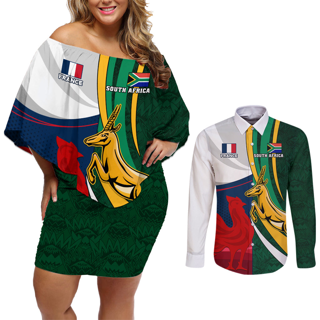 south-africa-and-france-rugby-couples-matching-off-shoulder-short-dress-and-long-sleeve-button-shirts-springbok-with-le-xv-de-france-2023-world-cup