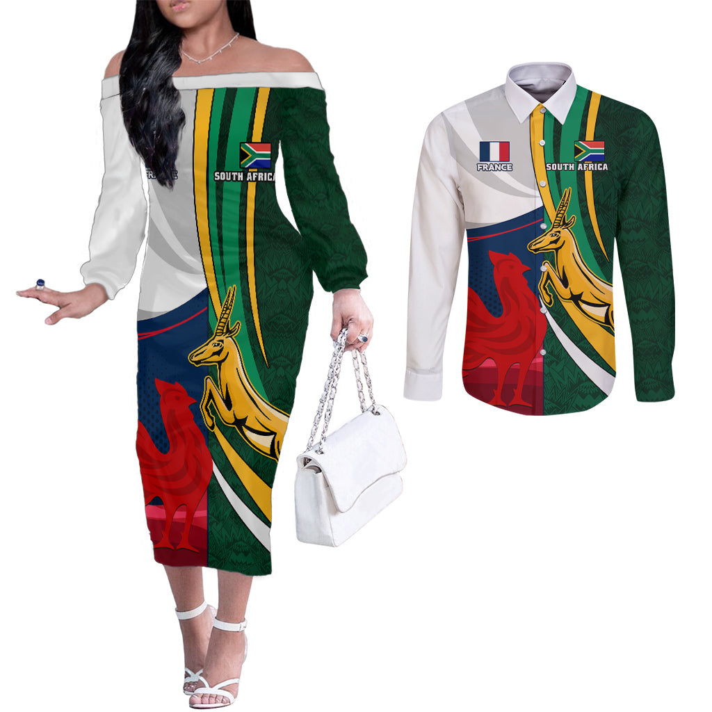 south-africa-and-france-rugby-couples-matching-off-the-shoulder-long-sleeve-dress-and-long-sleeve-button-shirts-springbok-with-le-xv-de-france-2023-world-cup