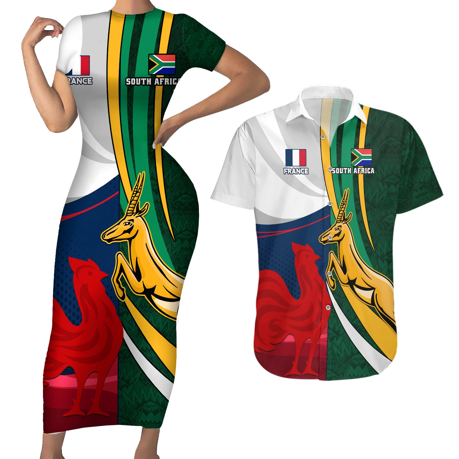south-africa-and-france-rugby-couples-matching-short-sleeve-bodycon-dress-and-hawaiian-shirt-springbok-with-le-xv-de-france-2023-world-cup