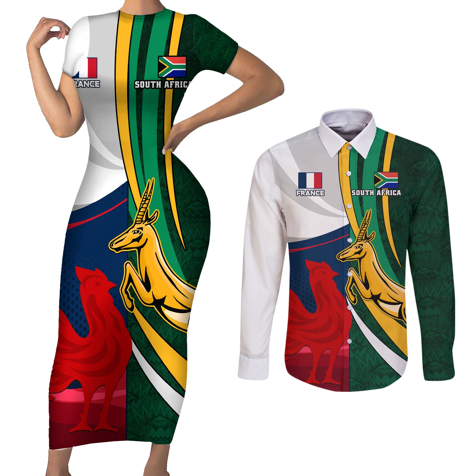 south-africa-and-france-rugby-couples-matching-short-sleeve-bodycon-dress-and-long-sleeve-button-shirts-springbok-with-le-xv-de-france-2023-world-cup