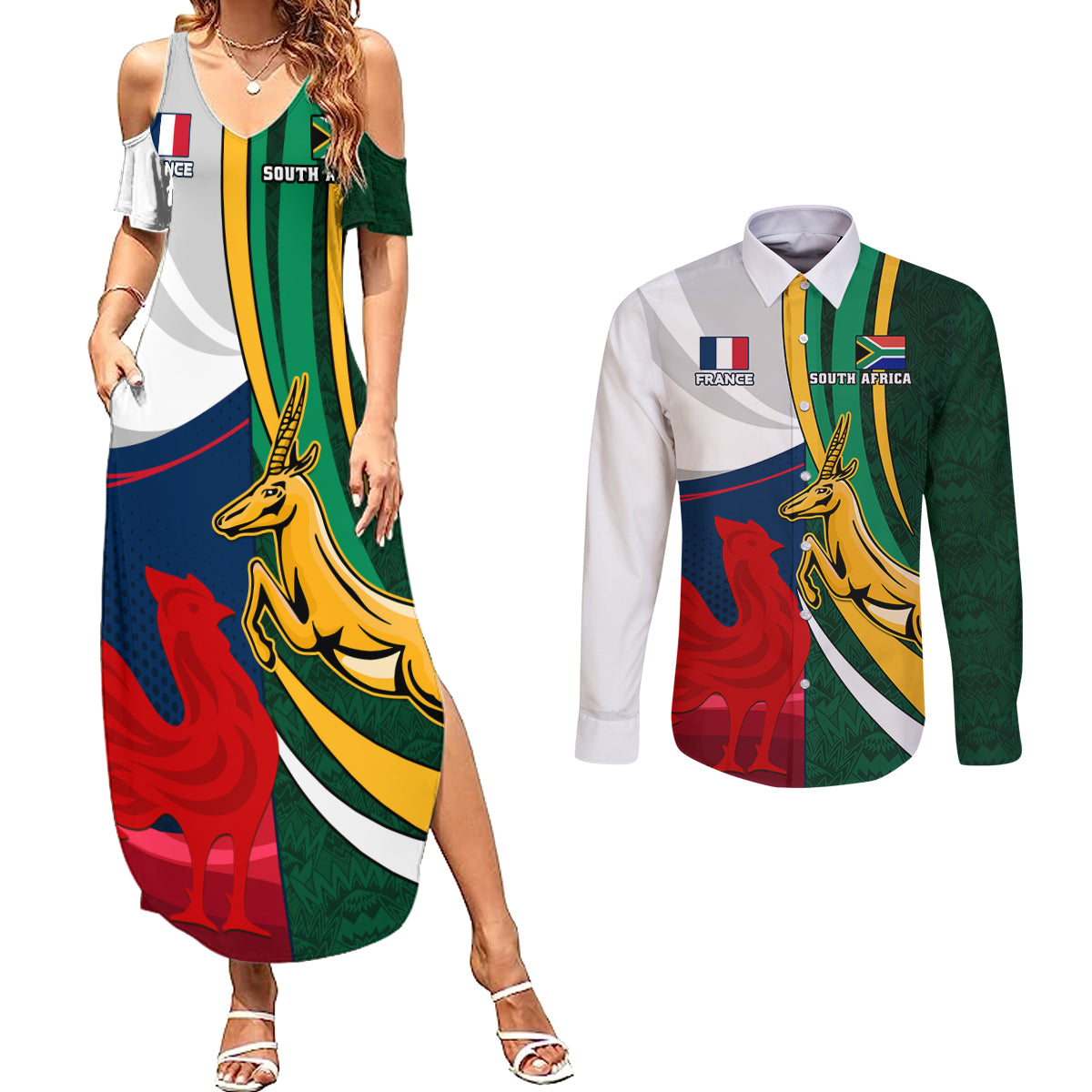 south-africa-and-france-rugby-couples-matching-summer-maxi-dress-and-long-sleeve-button-shirts-springbok-with-le-xv-de-france-2023-world-cup