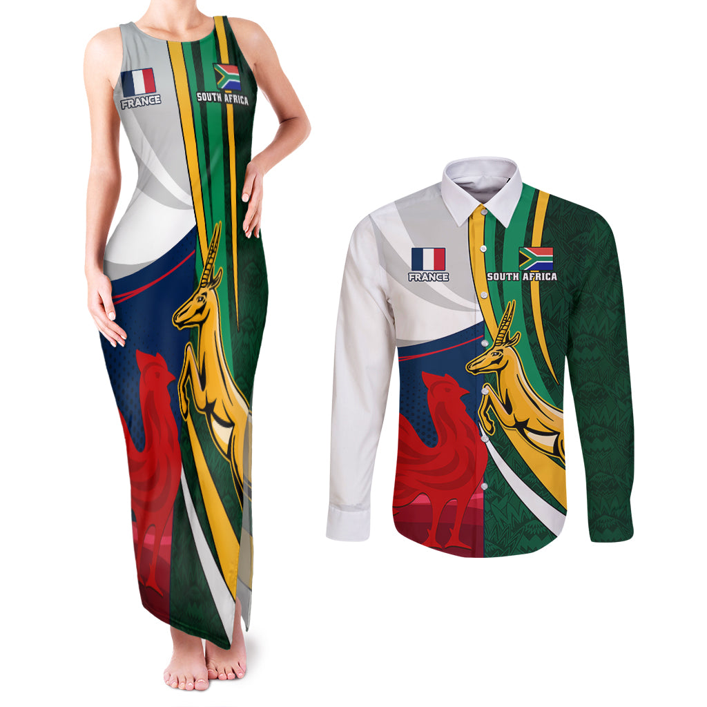 south-africa-and-france-rugby-couples-matching-tank-maxi-dress-and-long-sleeve-button-shirts-springbok-with-le-xv-de-france-2023-world-cup