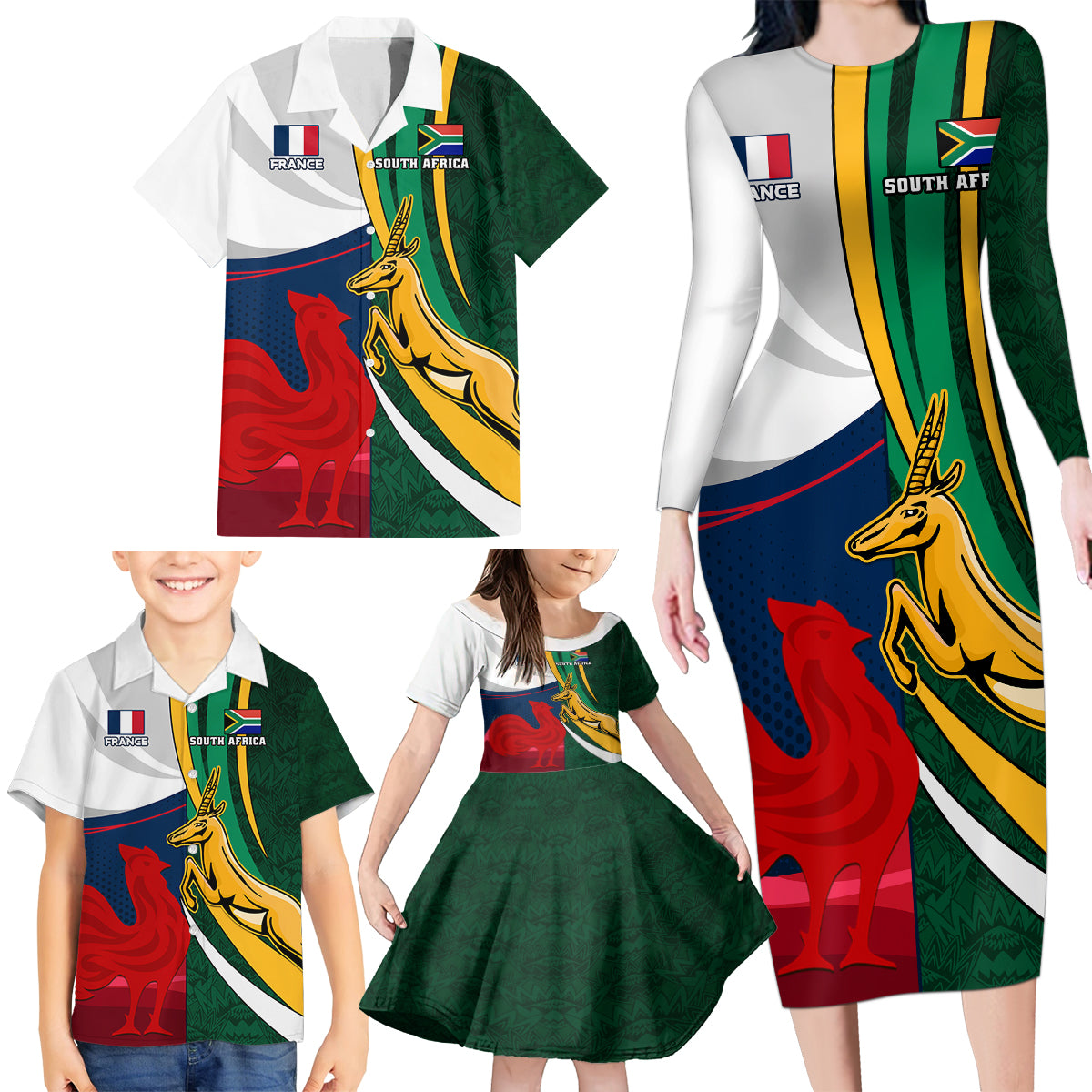 south-africa-and-france-rugby-family-matching-long-sleeve-bodycon-dress-and-hawaiian-shirt-springbok-with-le-xv-de-france-2023-world-cup