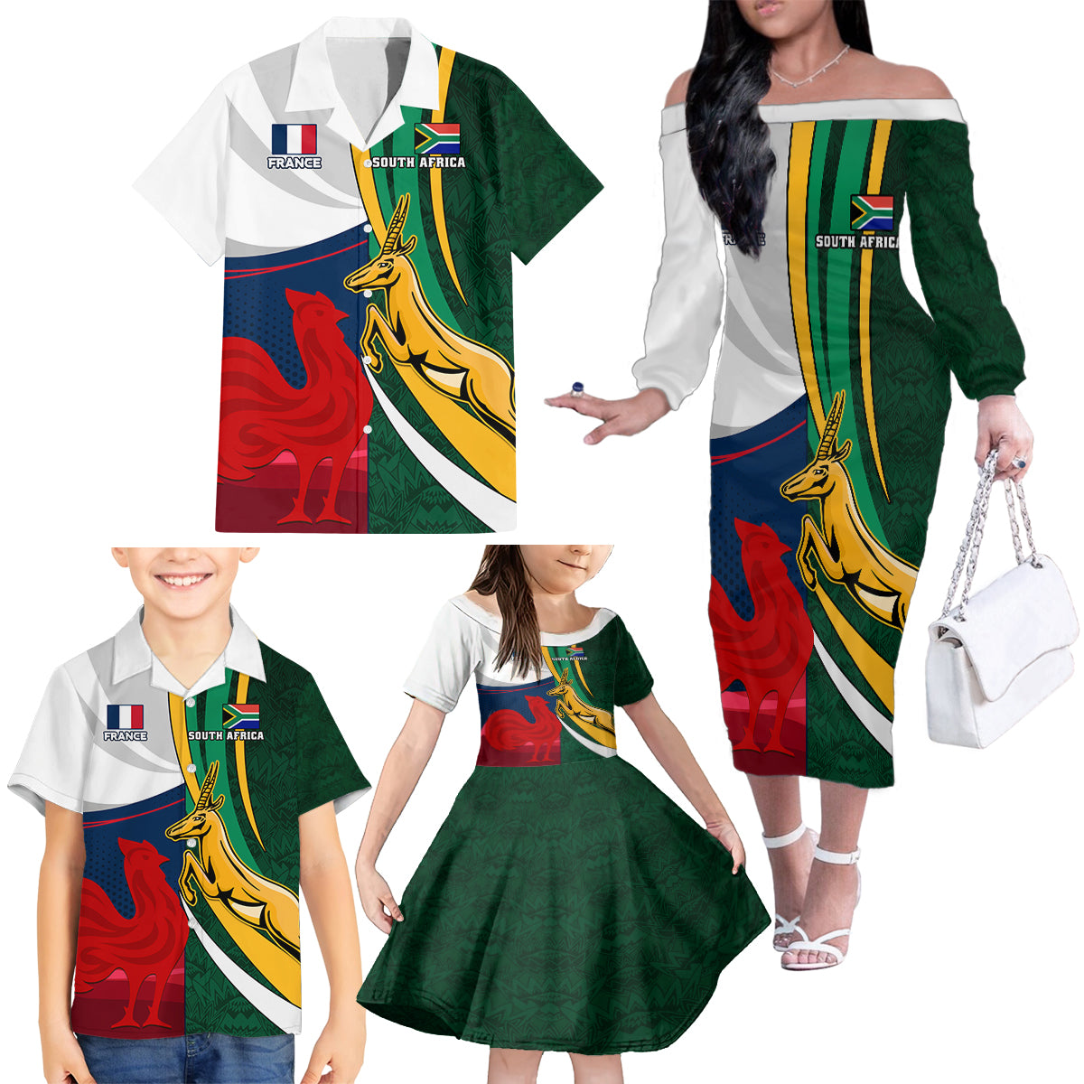 south-africa-and-france-rugby-family-matching-off-shoulder-long-sleeve-dress-and-hawaiian-shirt-springbok-with-le-xv-de-france-2023-world-cup