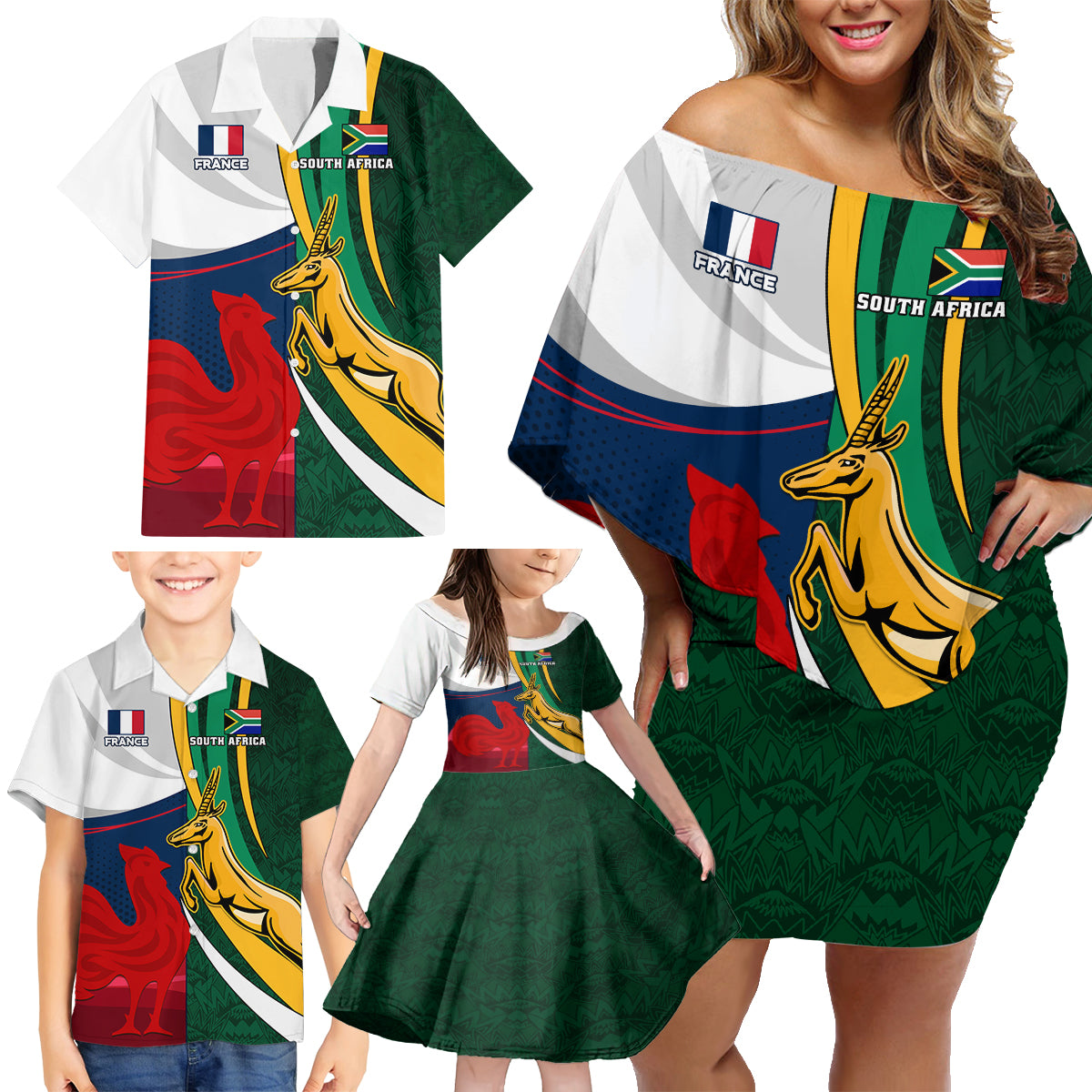 south-africa-and-france-rugby-family-matching-off-shoulder-short-dress-and-hawaiian-shirt-springbok-with-le-xv-de-france-2023-world-cup