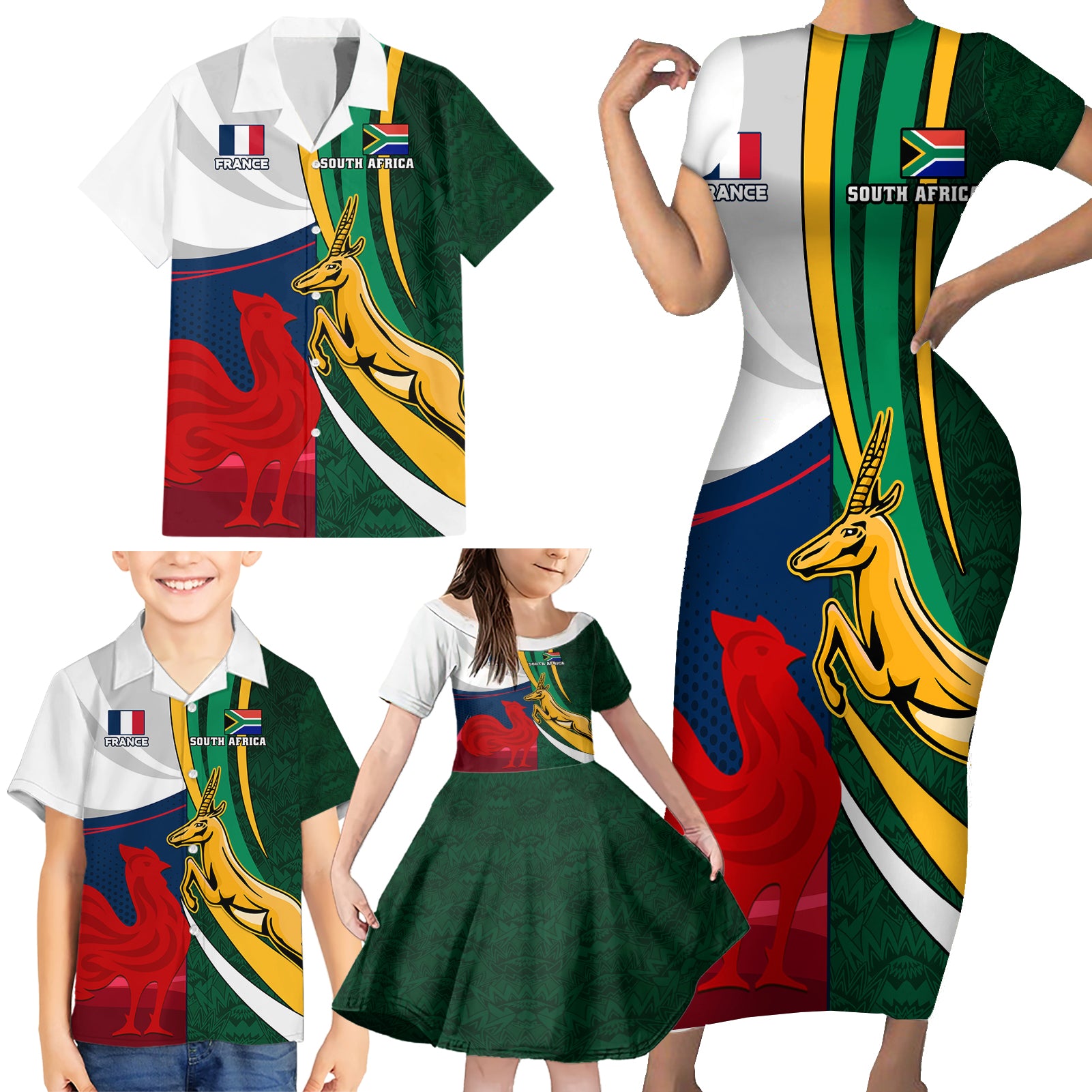 south-africa-and-france-rugby-family-matching-short-sleeve-bodycon-dress-and-hawaiian-shirt-springbok-with-le-xv-de-france-2023-world-cup