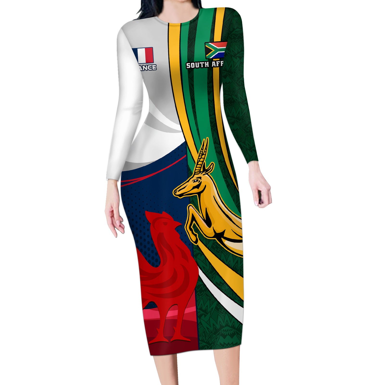 south-africa-and-france-rugby-long-sleeve-bodycon-dress-springbok-with-le-xv-de-france-2023-world-cup