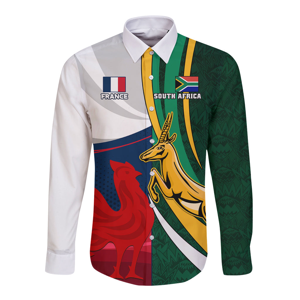 South Africa and France Rugby Long Sleeve Button Shirt Springbok With Le XV de France 2023 World Cup - Wonder Print Shop
