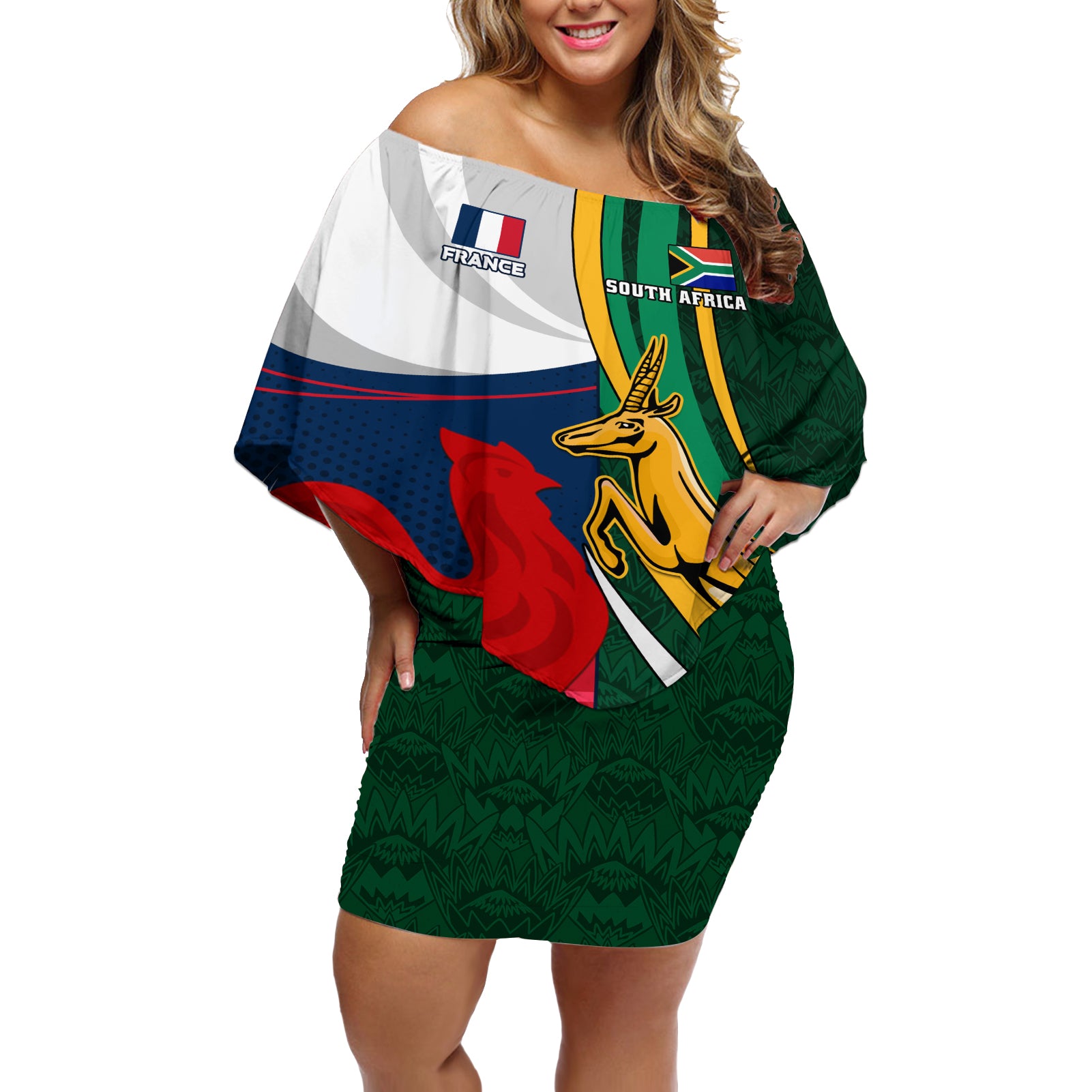 south-africa-and-france-rugby-off-shoulder-short-dress-springbok-with-le-xv-de-france-2023-world-cup