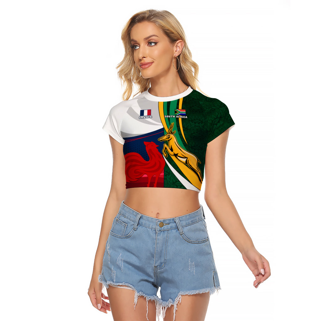 South Africa and France Rugby Raglan Cropped T Shirt Springbok With Le XV de France 2023 World Cup - Wonder Print Shop