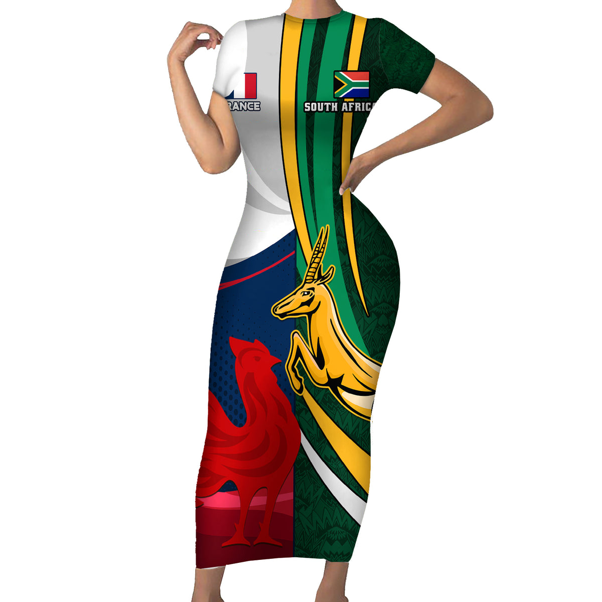 South Africa and France Rugby Short Sleeve Bodycon Dress Springbok With Le XV de France 2023 World Cup - Wonder Print Shop