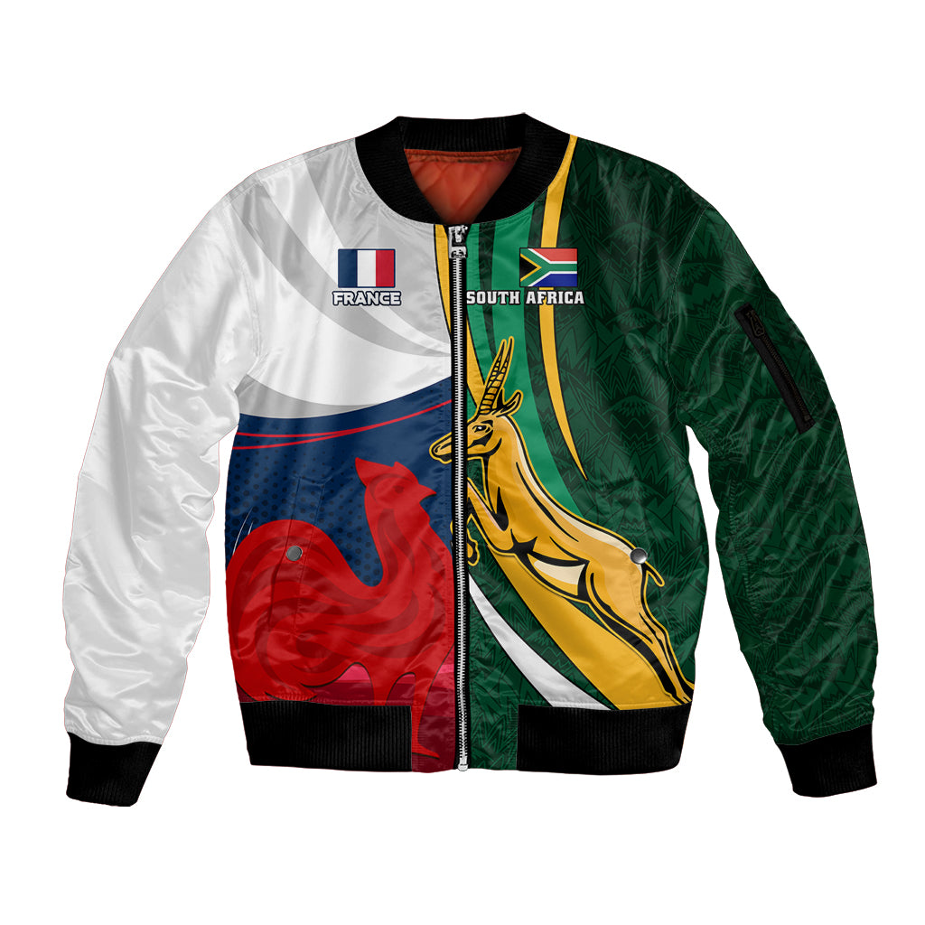South Africa and France Rugby Sleeve Zip Bomber Jacket Springbok With Le XV de France 2023 World Cup - Wonder Print Shop
