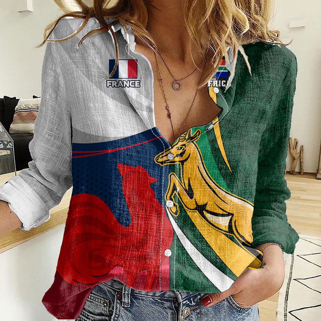 South Africa and France Rugby Women Casual Shirt Springbok With Le XV de France 2023 World Cup - Wonder Print Shop