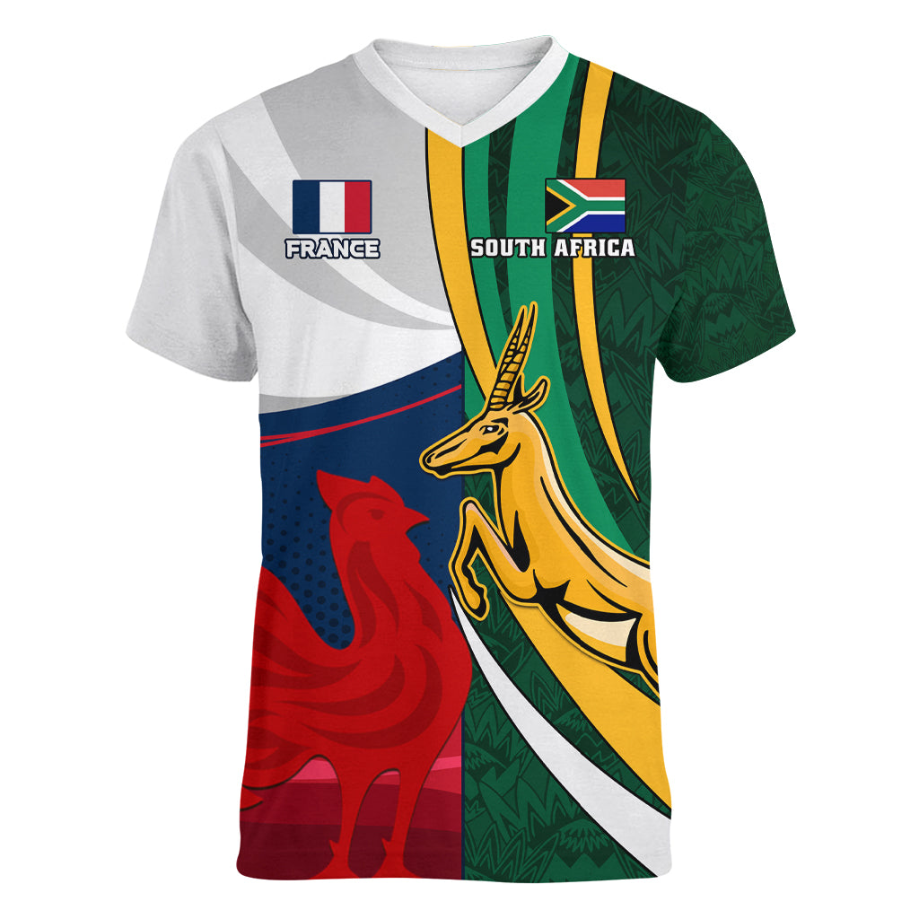 south-africa-and-france-rugby-women-v-neck-t-shirt-springbok-with-le-xv-de-france-2023-world-cup