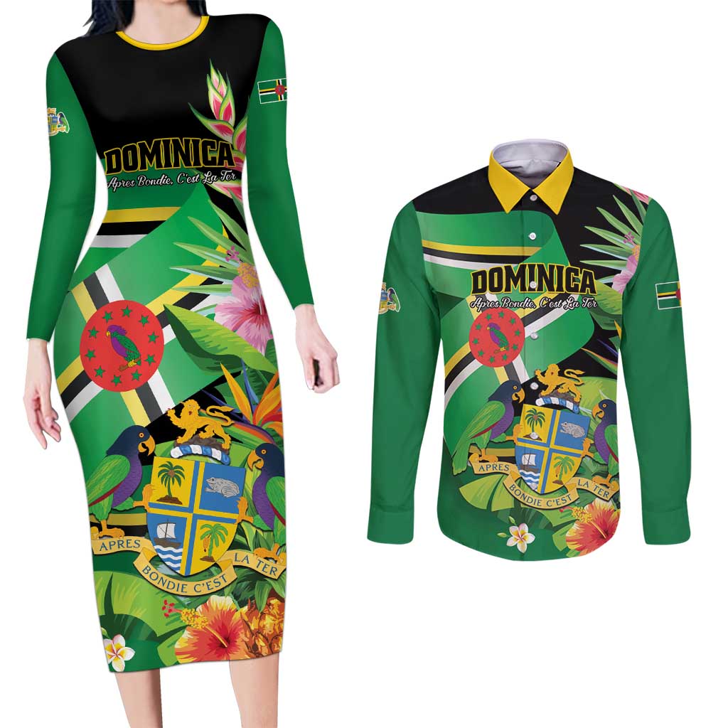 Personalized Dominica Couples Matching Long Sleeve Bodycon Dress and Long Sleeve Button Shirt Nature Island of the Caribbean - Wonder Print Shop
