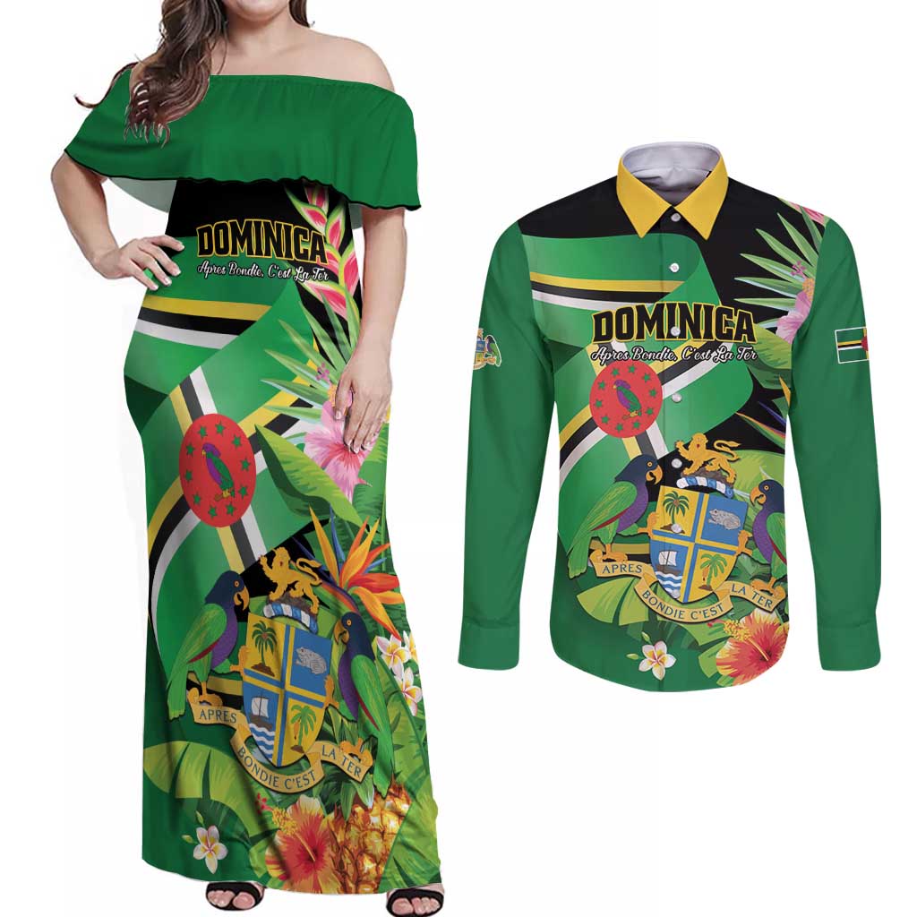 Personalized Dominica Couples Matching Off Shoulder Maxi Dress and Long Sleeve Button Shirt Nature Island of the Caribbean - Wonder Print Shop