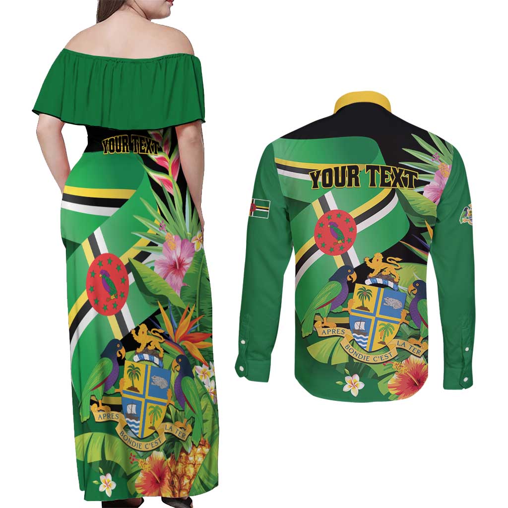 Personalized Dominica Couples Matching Off Shoulder Maxi Dress and Long Sleeve Button Shirt Nature Island of the Caribbean - Wonder Print Shop
