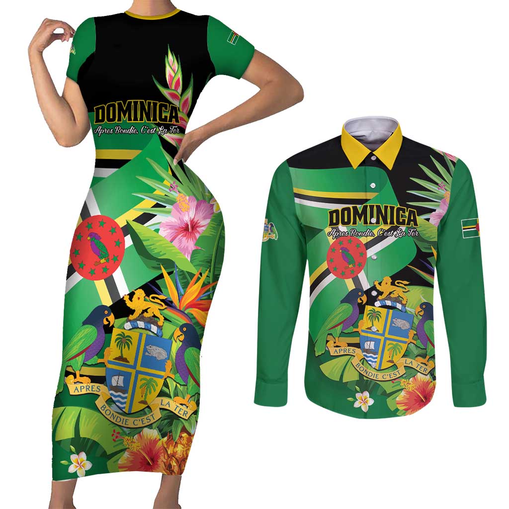 Personalized Dominica Couples Matching Short Sleeve Bodycon Dress and Long Sleeve Button Shirt Nature Island of the Caribbean - Wonder Print Shop