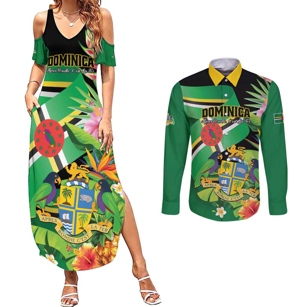 Personalized Dominica Couples Matching Summer Maxi Dress and Long Sleeve Button Shirt Nature Island of the Caribbean - Wonder Print Shop