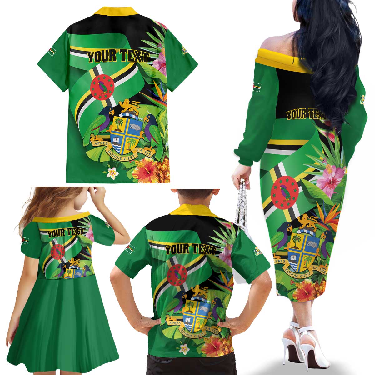 Personalized Dominica Family Matching Off The Shoulder Long Sleeve Dress and Hawaiian Shirt Nature Island of the Caribbean - Wonder Print Shop