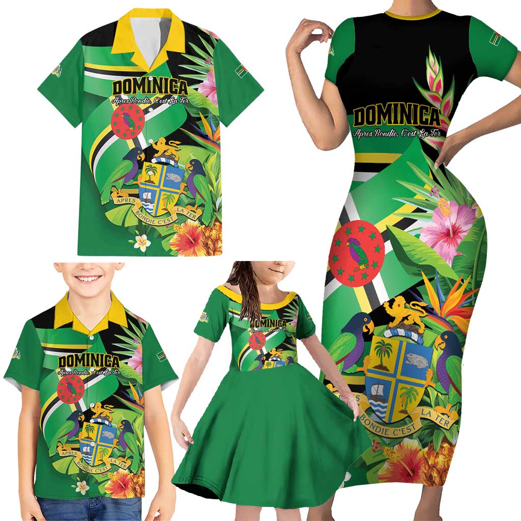 Personalized Dominica Family Matching Short Sleeve Bodycon Dress and Hawaiian Shirt Nature Island of the Caribbean - Wonder Print Shop