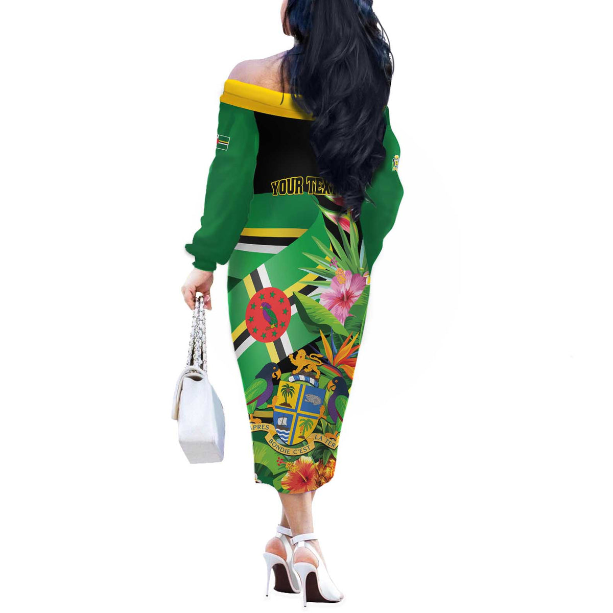 Personalized Dominica Off The Shoulder Long Sleeve Dress Nature Island of the Caribbean - Wonder Print Shop