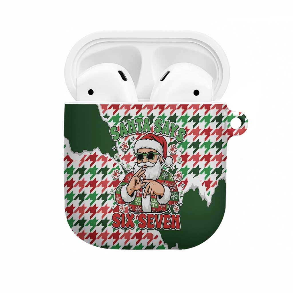 Funny Santa Claus Says Six Seven AirPods Case Christmas Houndstooth Pattern - Wonder Print Shop