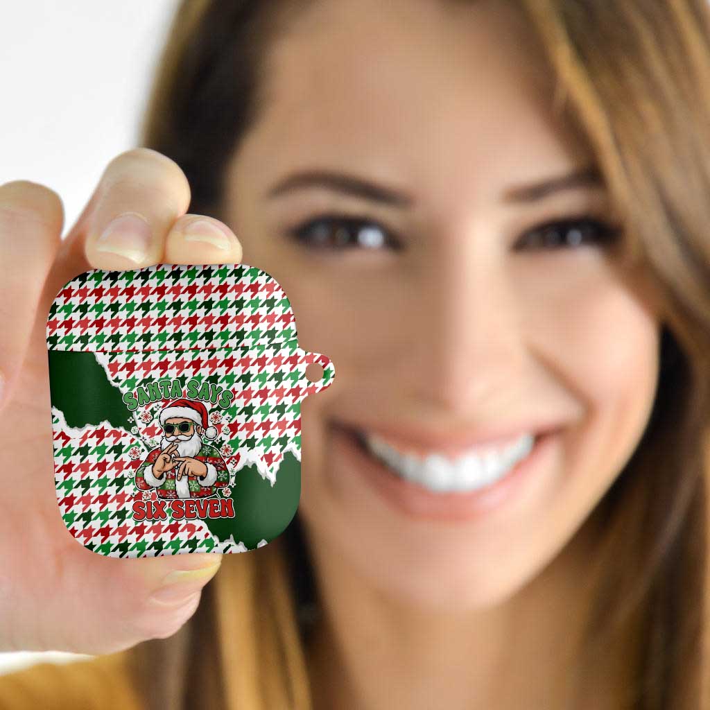 Funny Santa Claus Says Six Seven AirPods Case Christmas Houndstooth Pattern - Wonder Print Shop