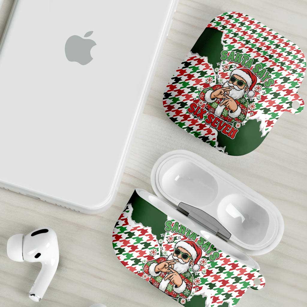 Funny Santa Claus Says Six Seven AirPods Case Christmas Houndstooth Pattern - Wonder Print Shop